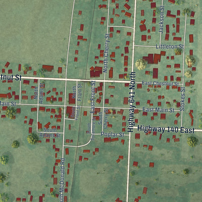 Close-up of the map of Puryear, Tennessee print showing street and building detail