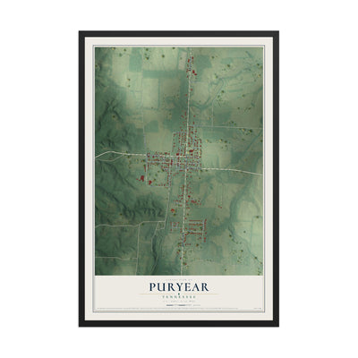 Map of Puryear, Tennessee, 12 x 18 inch print in a black wood frame