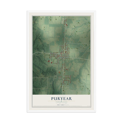 Map of Puryear, Tennessee, 12 x 18 inch print in a white wood frame