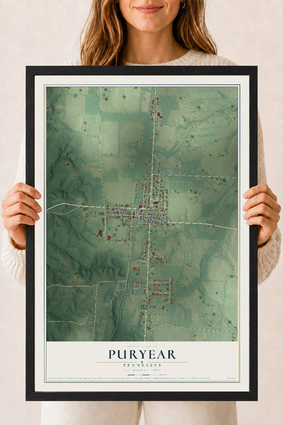 Map of Puryear, Tennessee, 18 x 24 inch print in a black wood frame