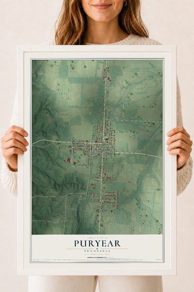 Map of Puryear, Tennessee, 18 x 24 inch print in a white wood frame