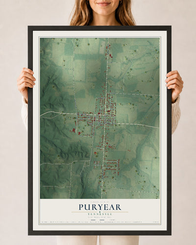 Map of Puryear, Tennessee, 24 x 36 inch print in a black wood frame