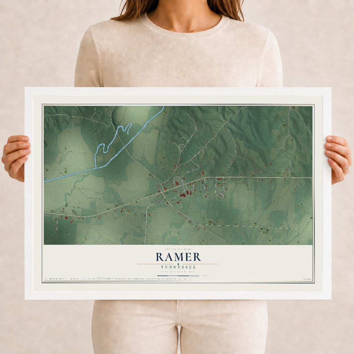 Map of Ramer, Tennessee, 12 x 18 inch print in a white wood frame