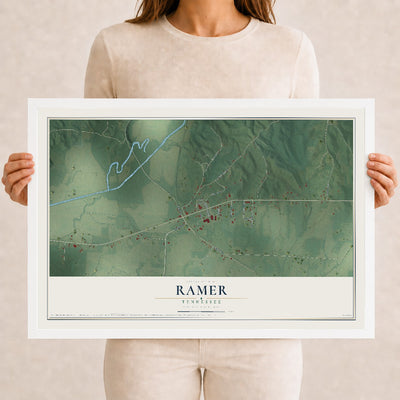 Map of Ramer, Tennessee, 12 x 18 inch print in a white wood frame