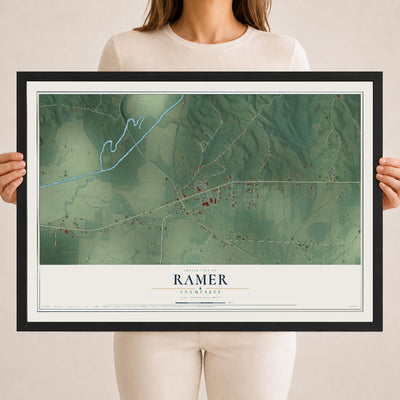 Map of Ramer, Tennessee, 18 x 24 inch print in a black wood frame