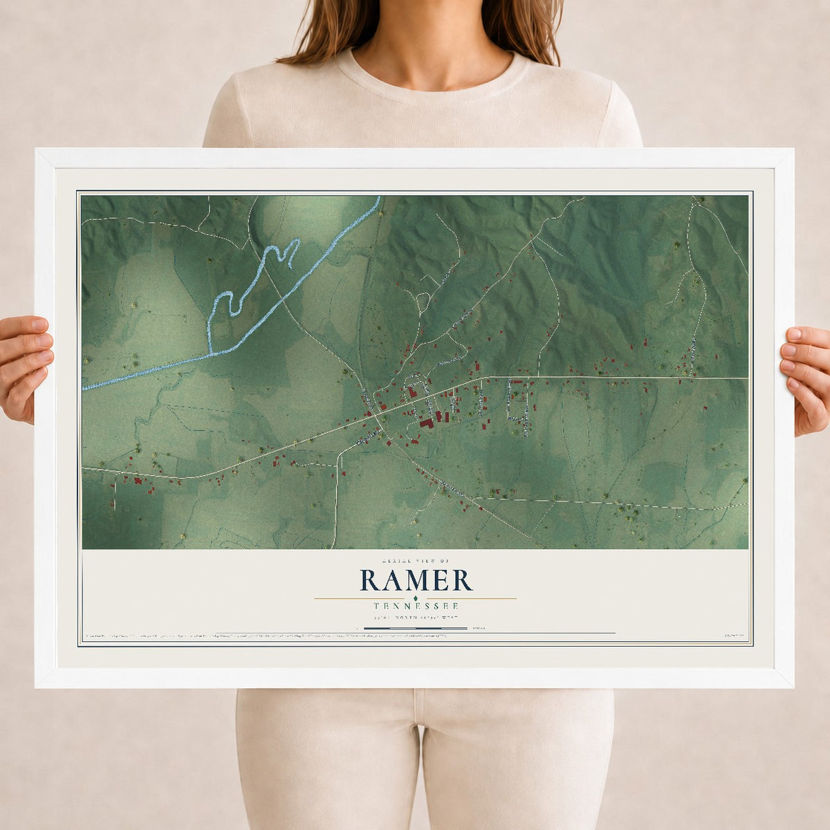 Map of Ramer, Tennessee, 18 x 24 inch print in a white wood frame