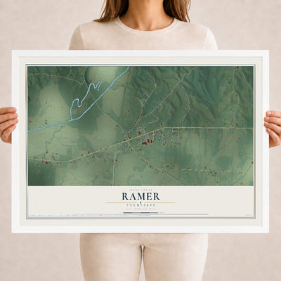 Map of Ramer, Tennessee, 18 x 24 inch print in a white wood frame