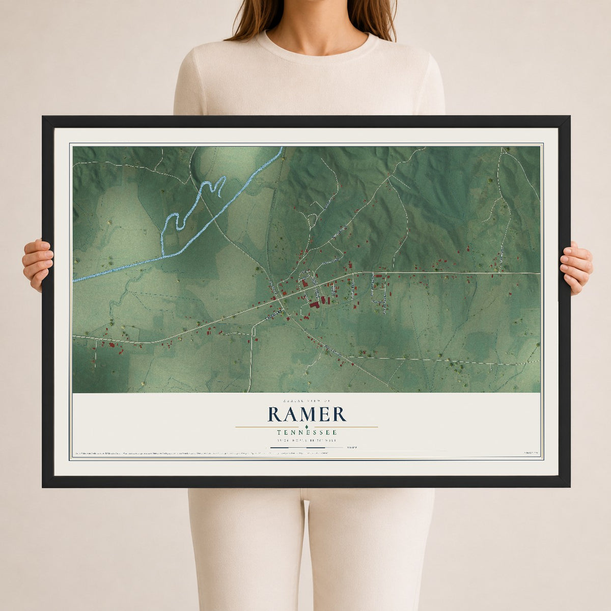 Map of Ramer, Tennessee, 24 x 36 inch print in a black wood frame