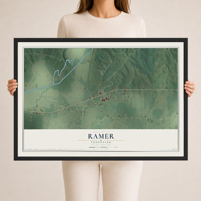 Map of Ramer, Tennessee, 24 x 36 inch print in a black wood frame