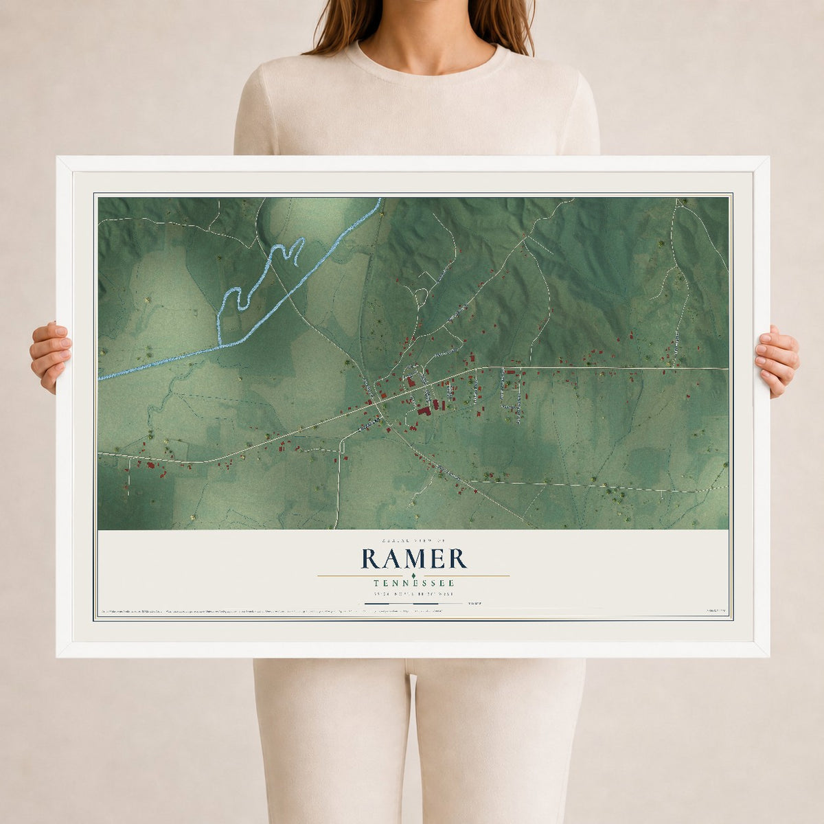 Map of Ramer, Tennessee, 24 x 36 inch print in a white wood frame