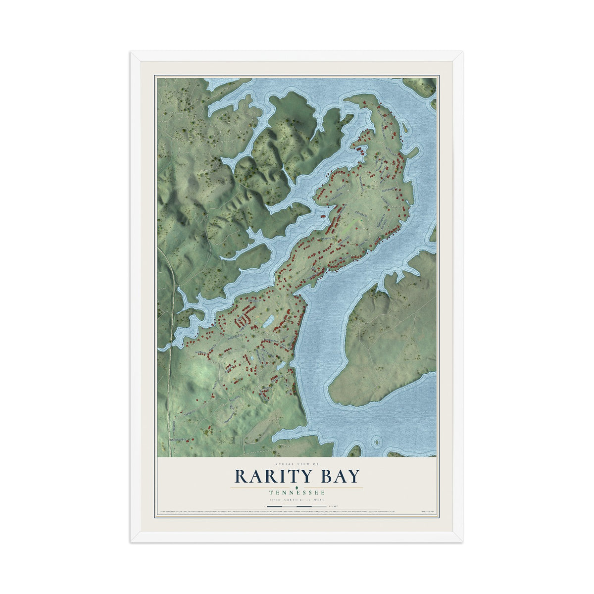 Map of Rarity Bay, Tennessee, 12 x 18 inch print in a white wood frame