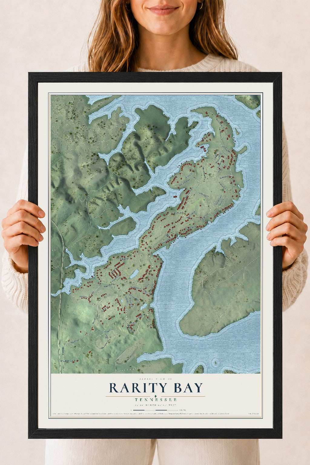 Map of Rarity Bay, Tennessee, 18 x 24 inch print in a black wood frame