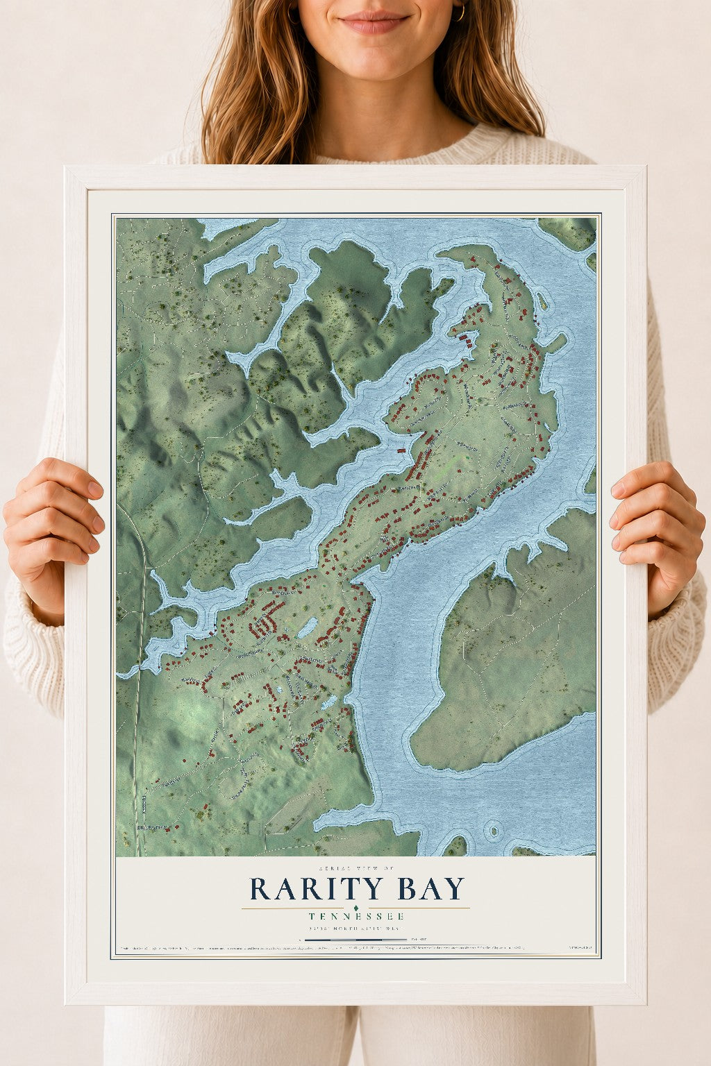 Map of Rarity Bay, Tennessee, 18 x 24 inch print in a white wood frame