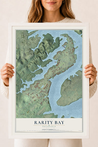 Map of Rarity Bay, Tennessee, 18 x 24 inch print in a white wood frame