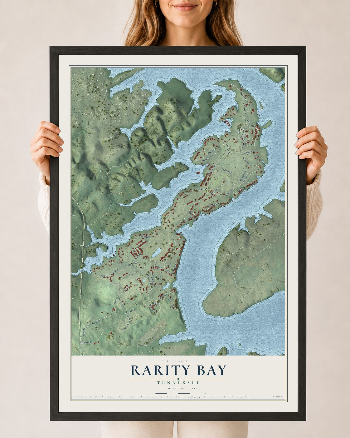 Map of Rarity Bay, Tennessee, 24 x 36 inch print in a black wood frame