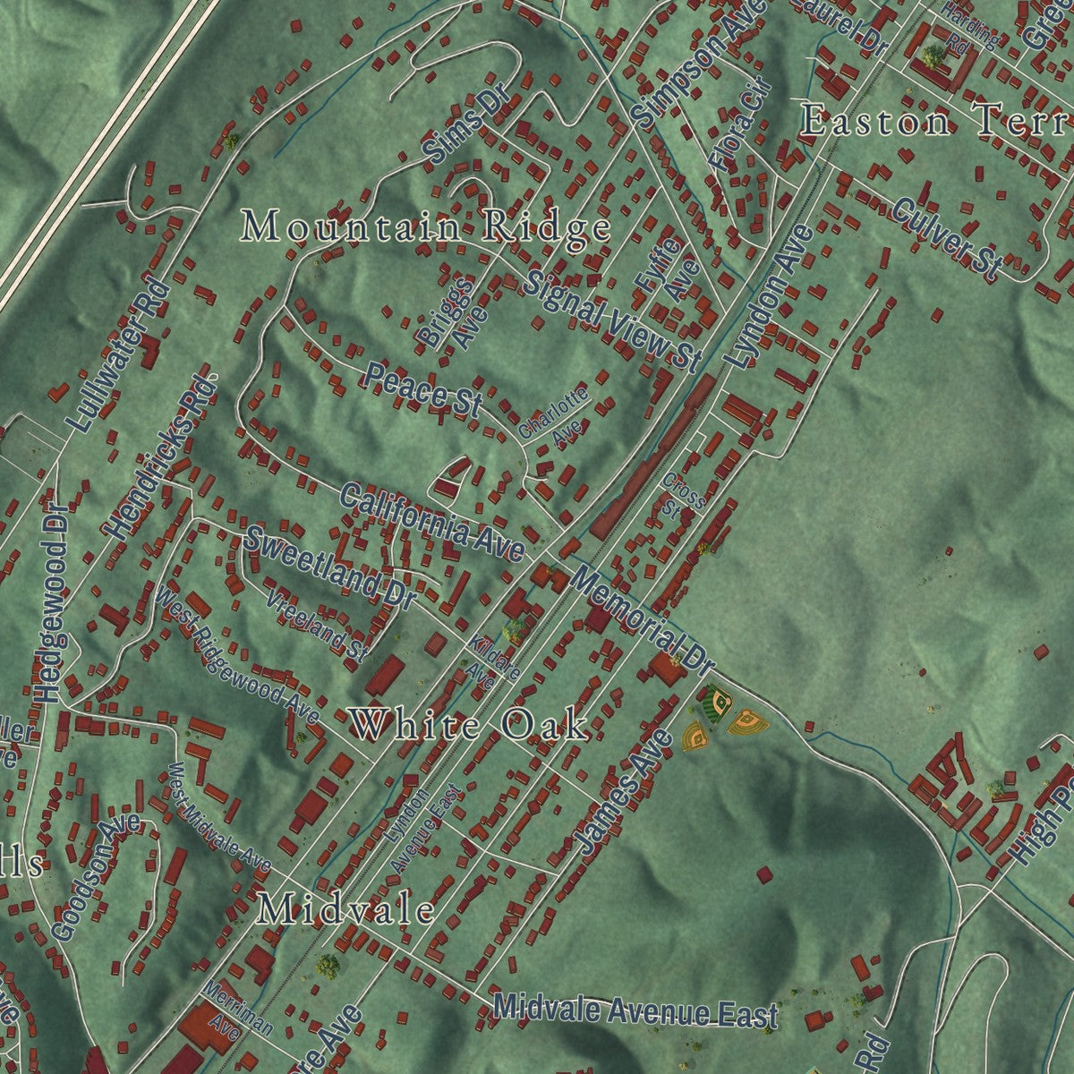 Second close-up of the map of Red Bank, Tennessee print showing more streets and buildings
