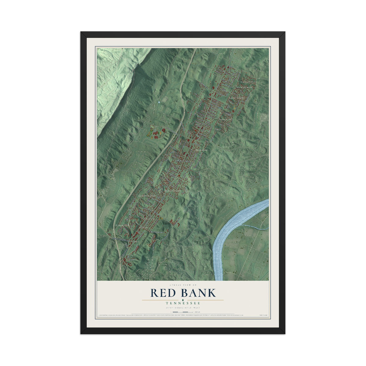 Map of Red Bank, Tennessee, 12 x 18 inch print in a black wood frame