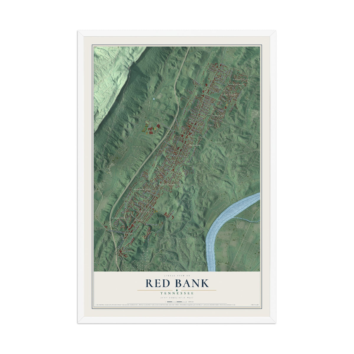 Map of Red Bank, Tennessee, 12 x 18 inch print in a white wood frame