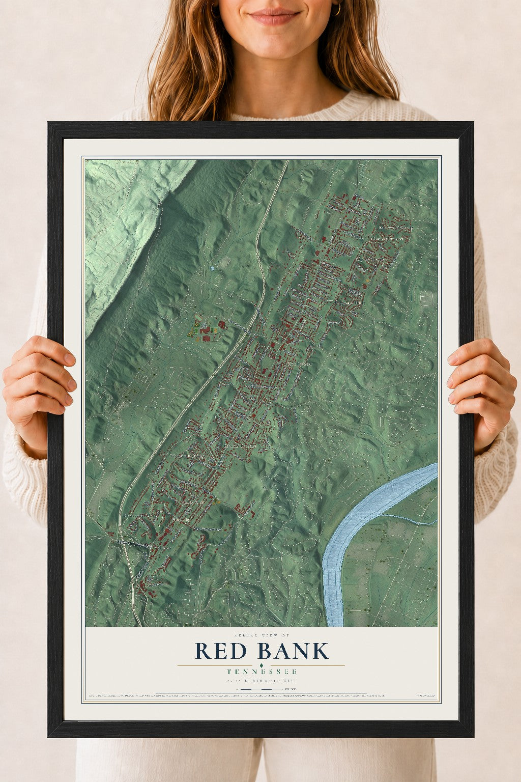 Map of Red Bank, Tennessee, 18 x 24 inch print in a black wood frame