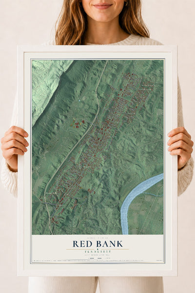 Map of Red Bank, Tennessee, 18 x 24 inch print in a white wood frame
