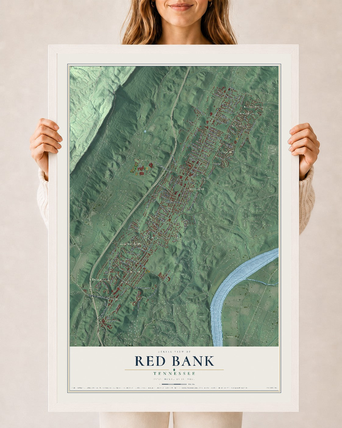 Map of Red Bank, Tennessee, 24 x 36 inch print in a white wood frame
