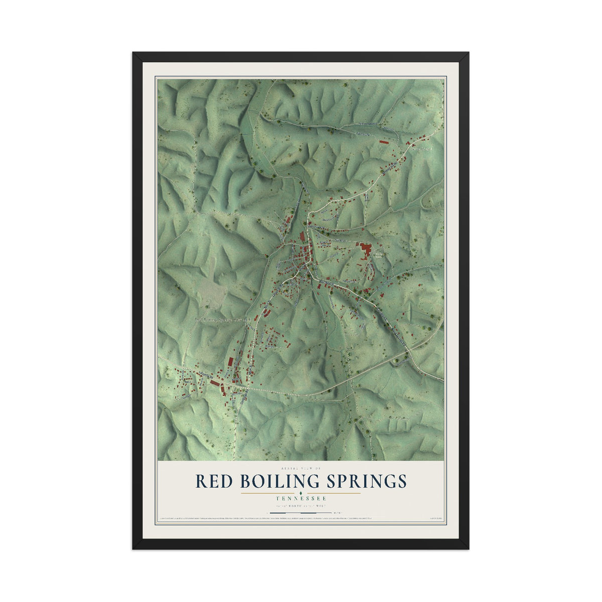 Map of Red Boiling Springs, Tennessee, 12 x 18 inch print in a black wood frame