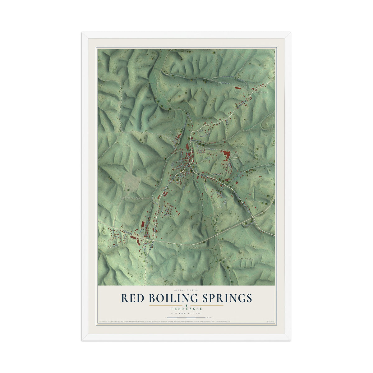 Map of Red Boiling Springs, Tennessee, 12 x 18 inch print in a white wood frame