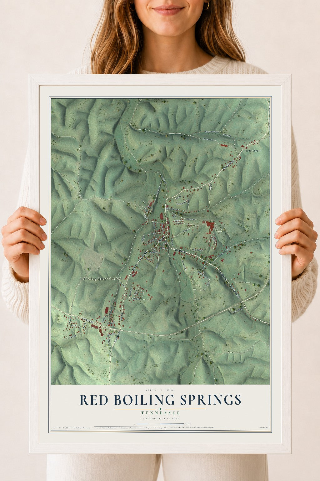 Map of Red Boiling Springs, Tennessee, 18 x 24 inch print in a white wood frame
