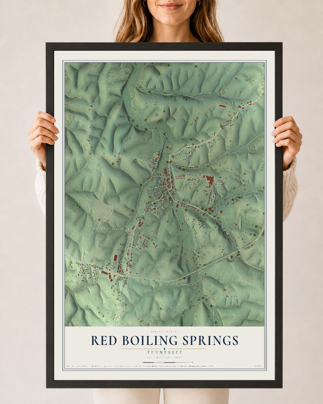 Map of Red Boiling Springs, Tennessee, 24 x 36 inch print in a black wood frame