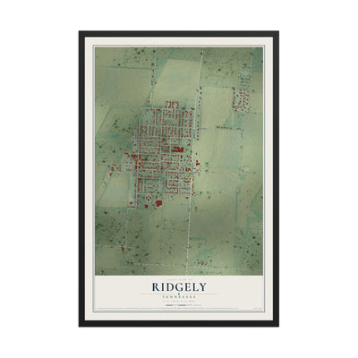 Map of Ridgely, Tennessee, 12 x 18 inch print in a black wood frame