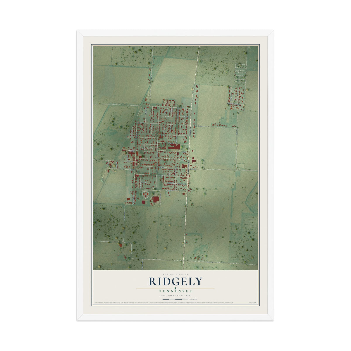 Map of Ridgely, Tennessee, 12 x 18 inch print in a white wood frame