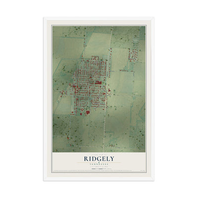 Map of Ridgely, Tennessee, 12 x 18 inch print in a white wood frame
