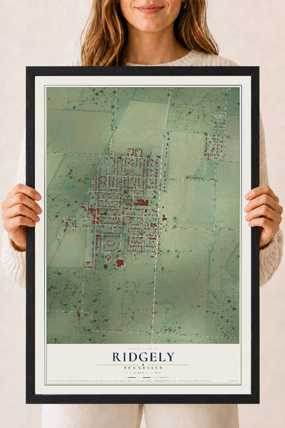 Map of Ridgely, Tennessee, 18 x 24 inch print in a black wood frame
