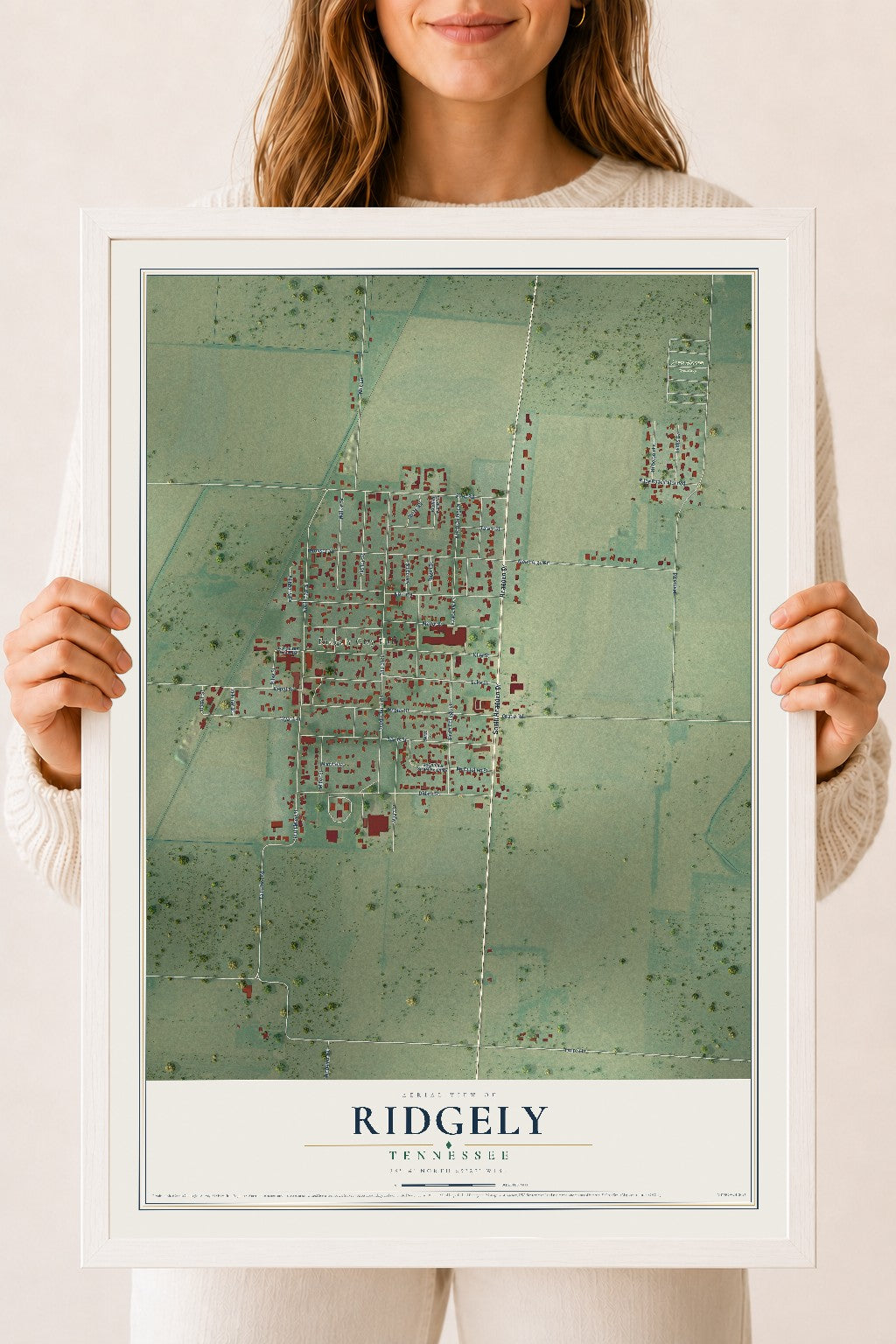 Map of Ridgely, Tennessee, 18 x 24 inch print in a white wood frame