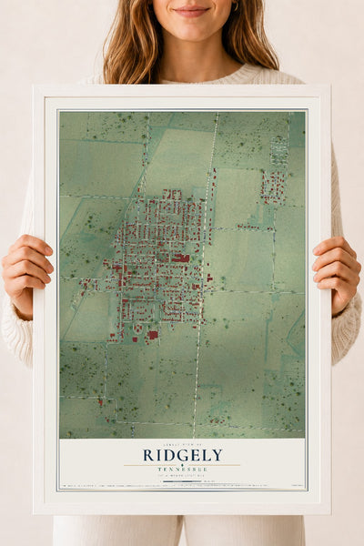 Map of Ridgely, Tennessee, 18 x 24 inch print in a white wood frame