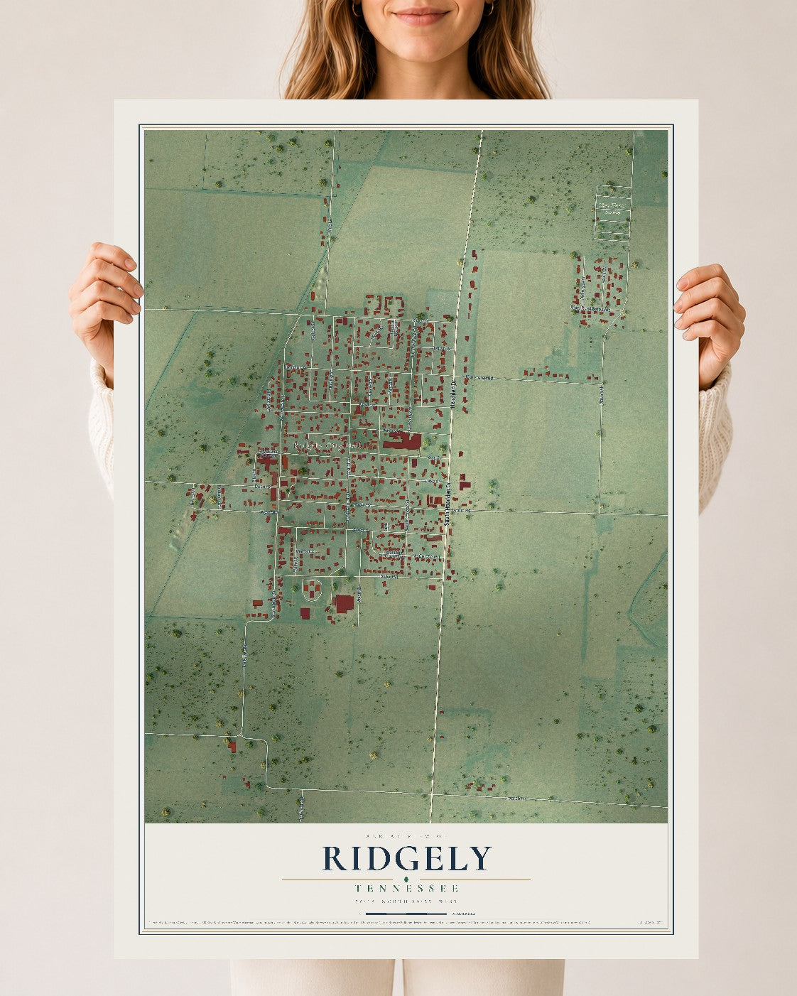Map of Ridgely, Tennessee, 24 x 36 inch unframed archival matte print