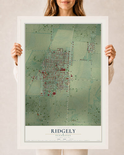 Map of Ridgely, Tennessee, 24 x 36 inch print in a white wood frame