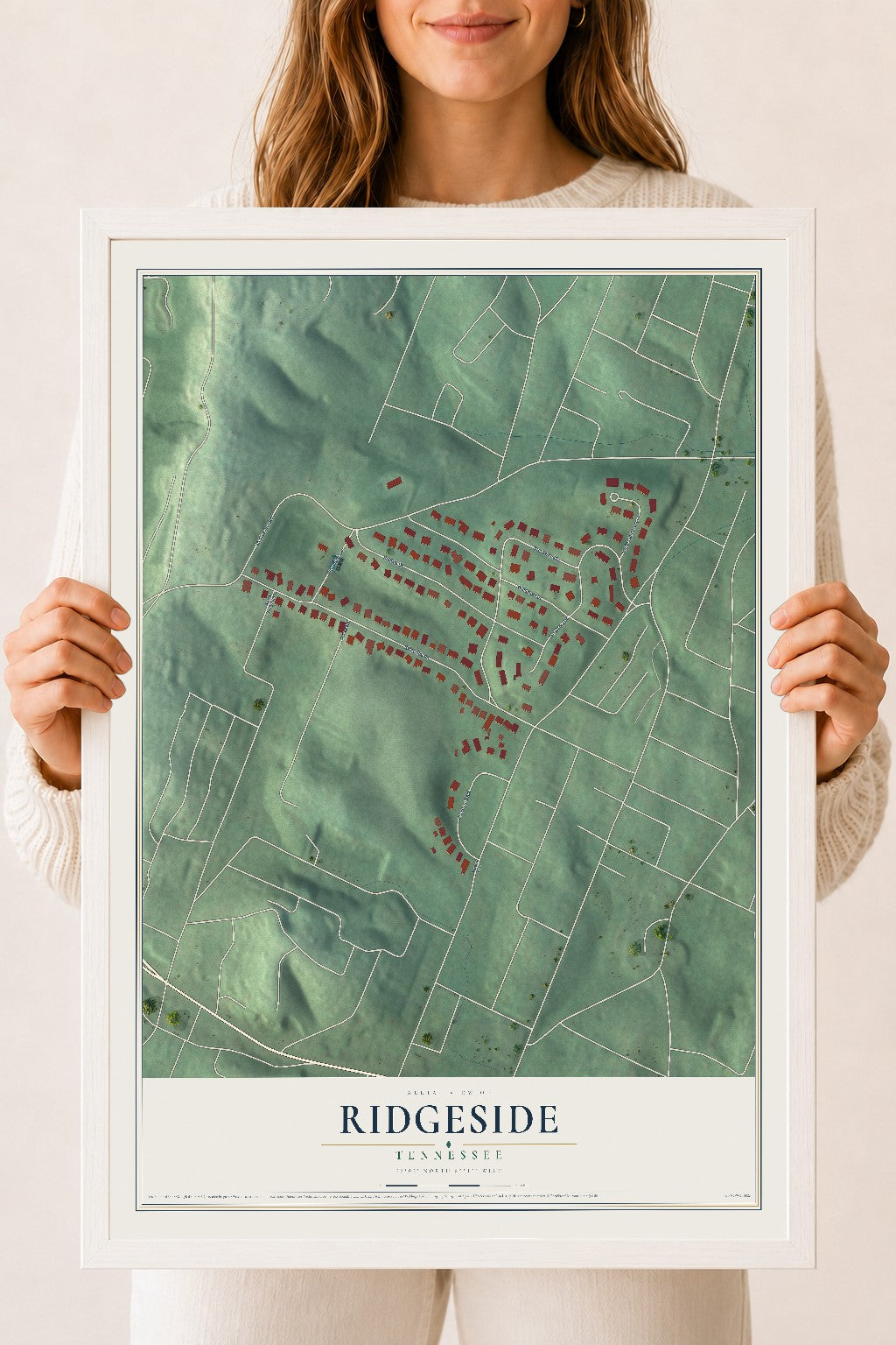 Map of Ridgeside, Tennessee, 18 x 24 inch print in a white wood frame
