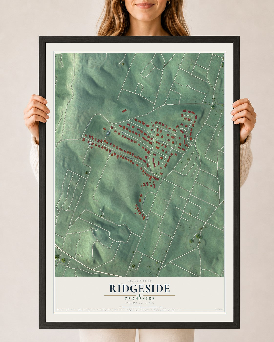 Map of Ridgeside, Tennessee, 24 x 36 inch print in a black wood frame