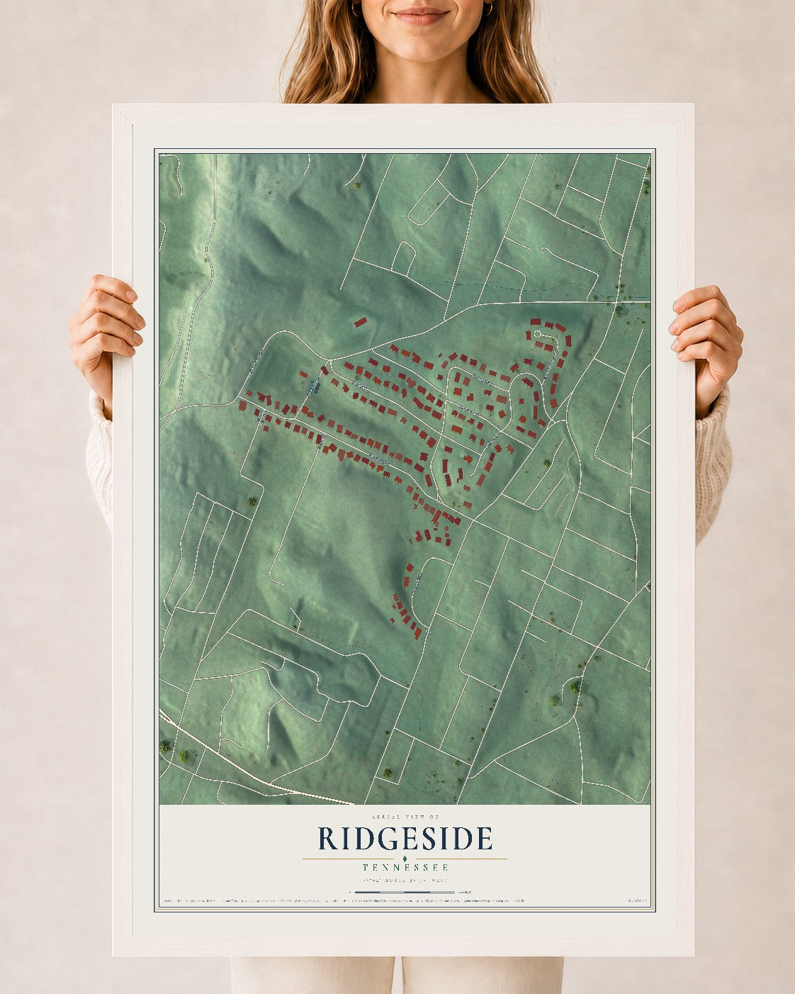 Map of Ridgeside, Tennessee, 24 x 36 inch print in a white wood frame