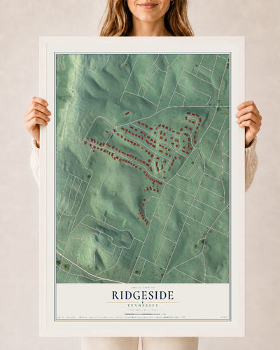 Map of Ridgeside, Tennessee, 24 x 36 inch print in a white wood frame