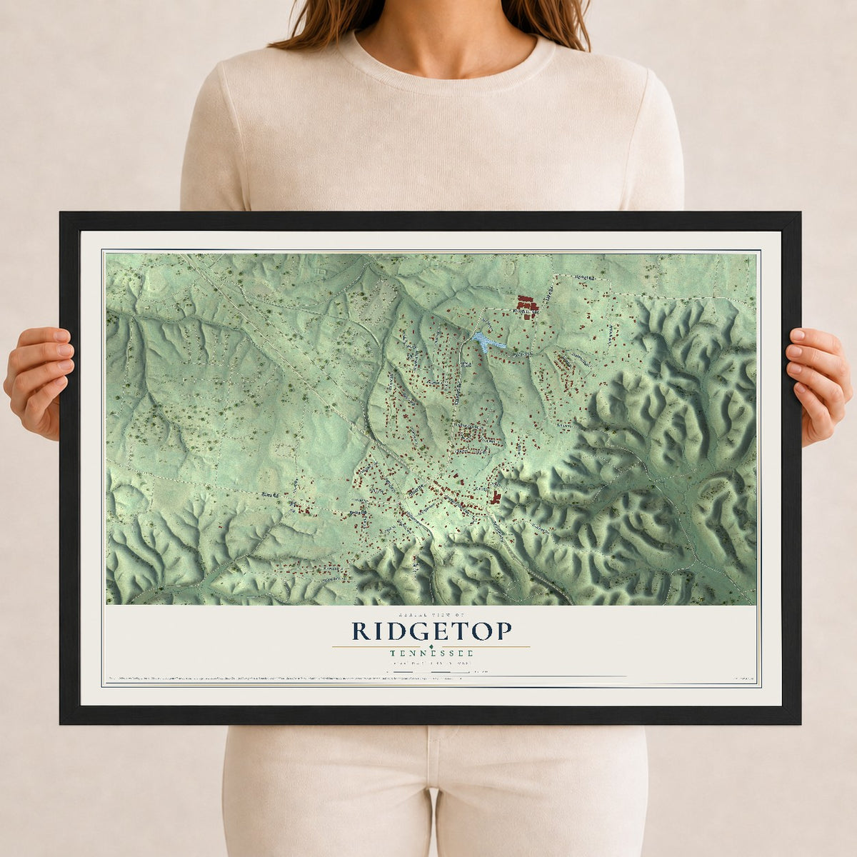 Map of Ridgetop, Tennessee, 12 x 18 inch print in a black wood frame