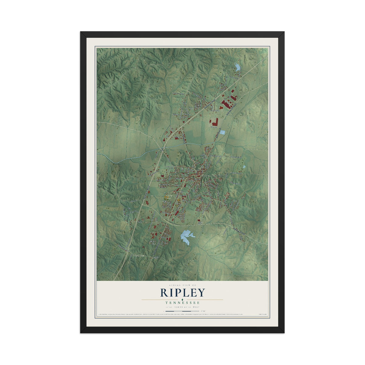 Map of Ripley, Tennessee, 12 x 18 inch print in a black wood frame