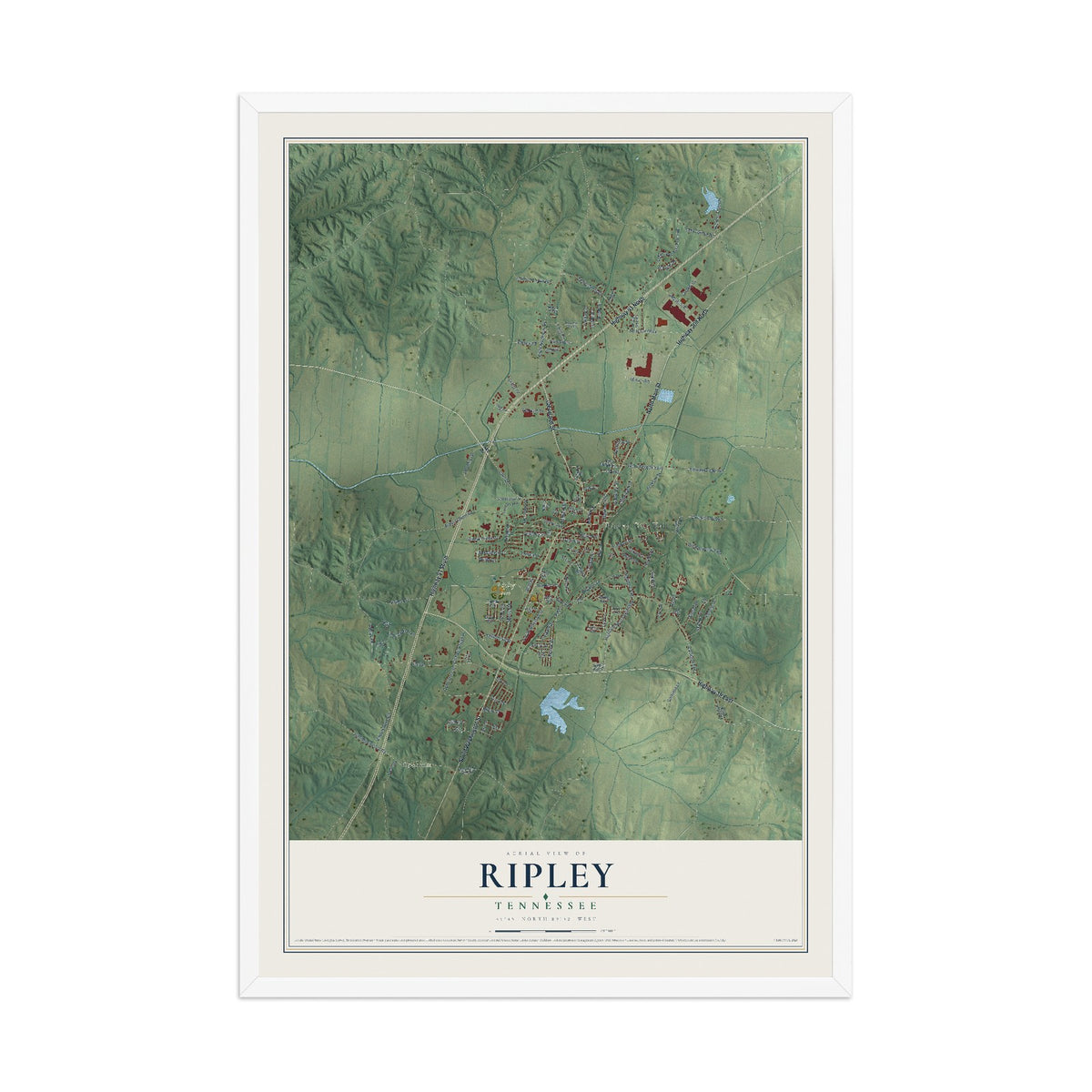 Map of Ripley, Tennessee, 12 x 18 inch print in a white wood frame