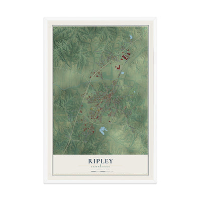 Map of Ripley, Tennessee, 12 x 18 inch print in a white wood frame