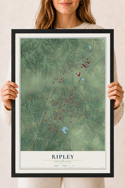 Map of Ripley, Tennessee, 18 x 24 inch print in a black wood frame