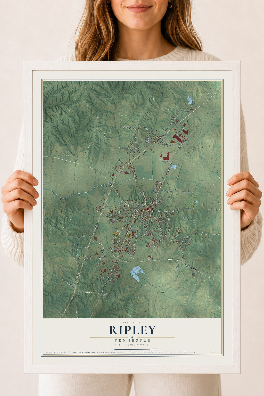 Map of Ripley, Tennessee, 18 x 24 inch print in a white wood frame
