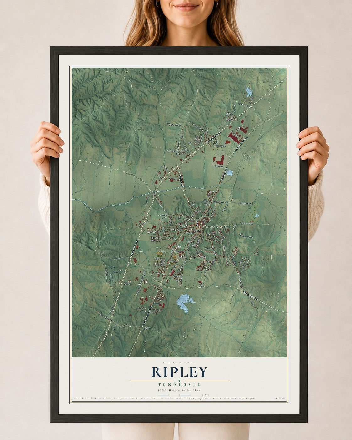 Map of Ripley, Tennessee, 24 x 36 inch print in a black wood frame
