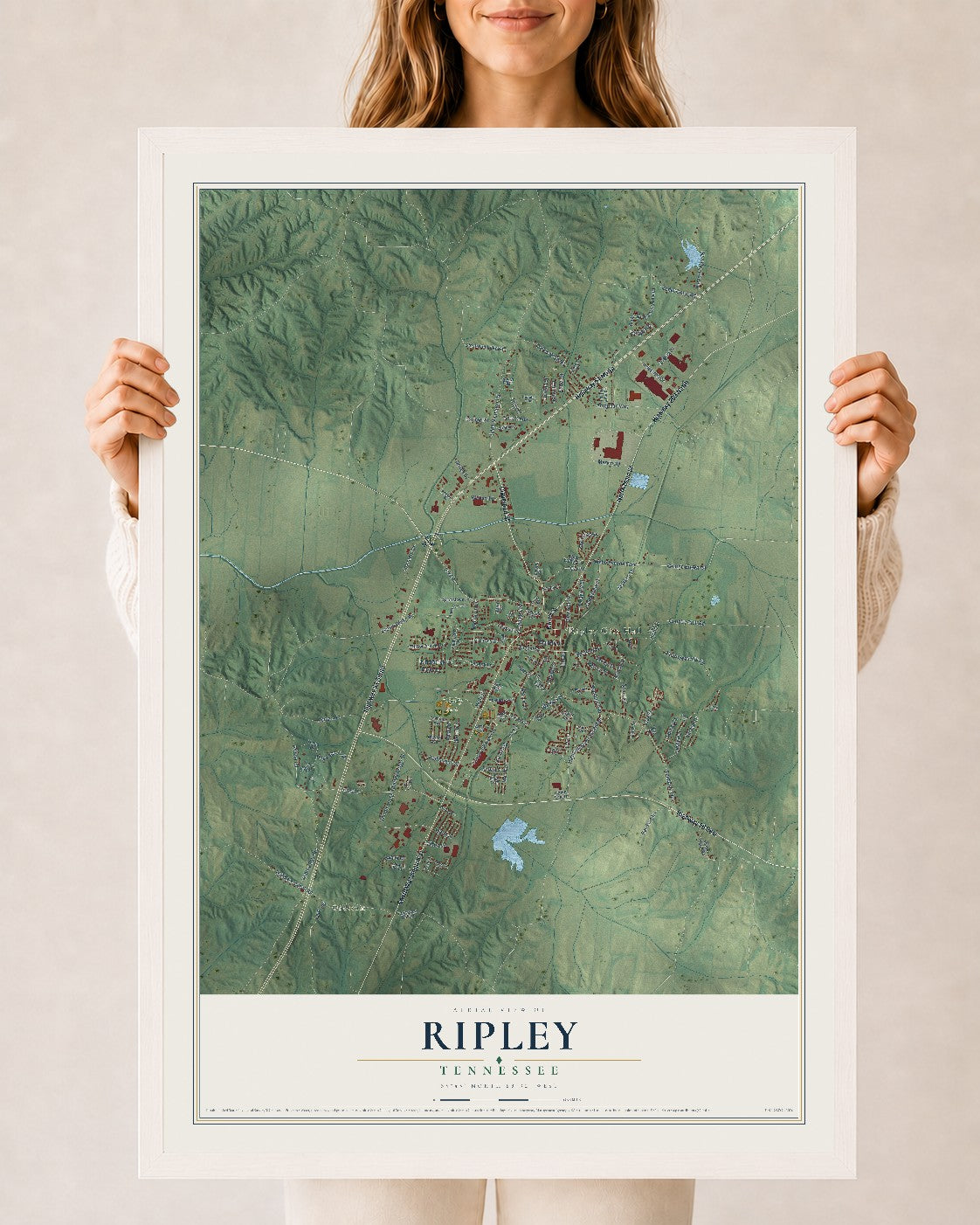 Map of Ripley, Tennessee, 24 x 36 inch print in a white wood frame