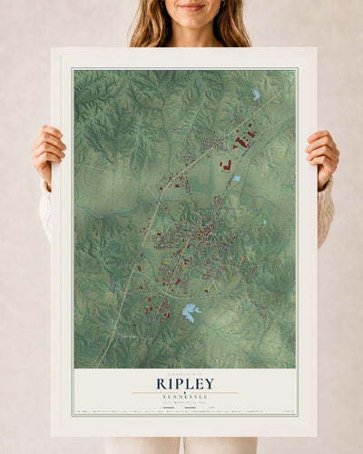 Map of Ripley, Tennessee, 24 x 36 inch print in a white wood frame